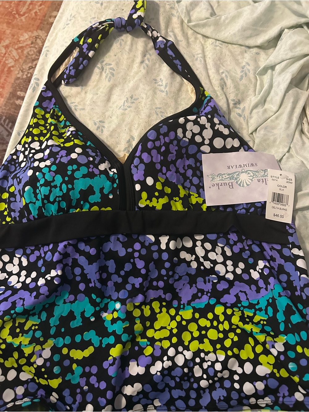 NWT Delta Burke Pattered Halter Swim Tankini Top w/ Bra Shelf Support
